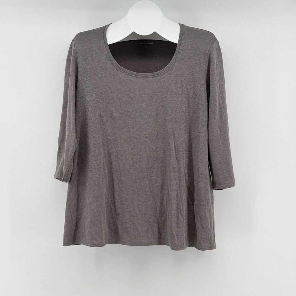 Eileen Fisher Linen Scoop Neck Top Women L Gray 3/4 Sleeve Knit Minimalist